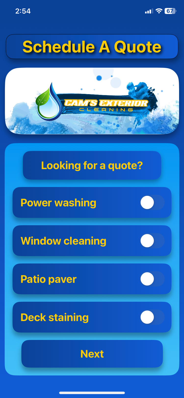 cam's exterior cleaning app using swift.ui
